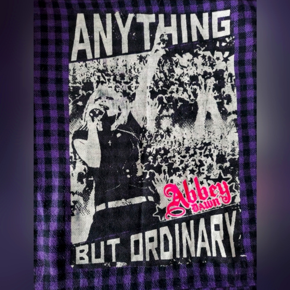 An Avril Lavigne, Abbey Dawn, purple, plaid button down tunic. Missing sash...